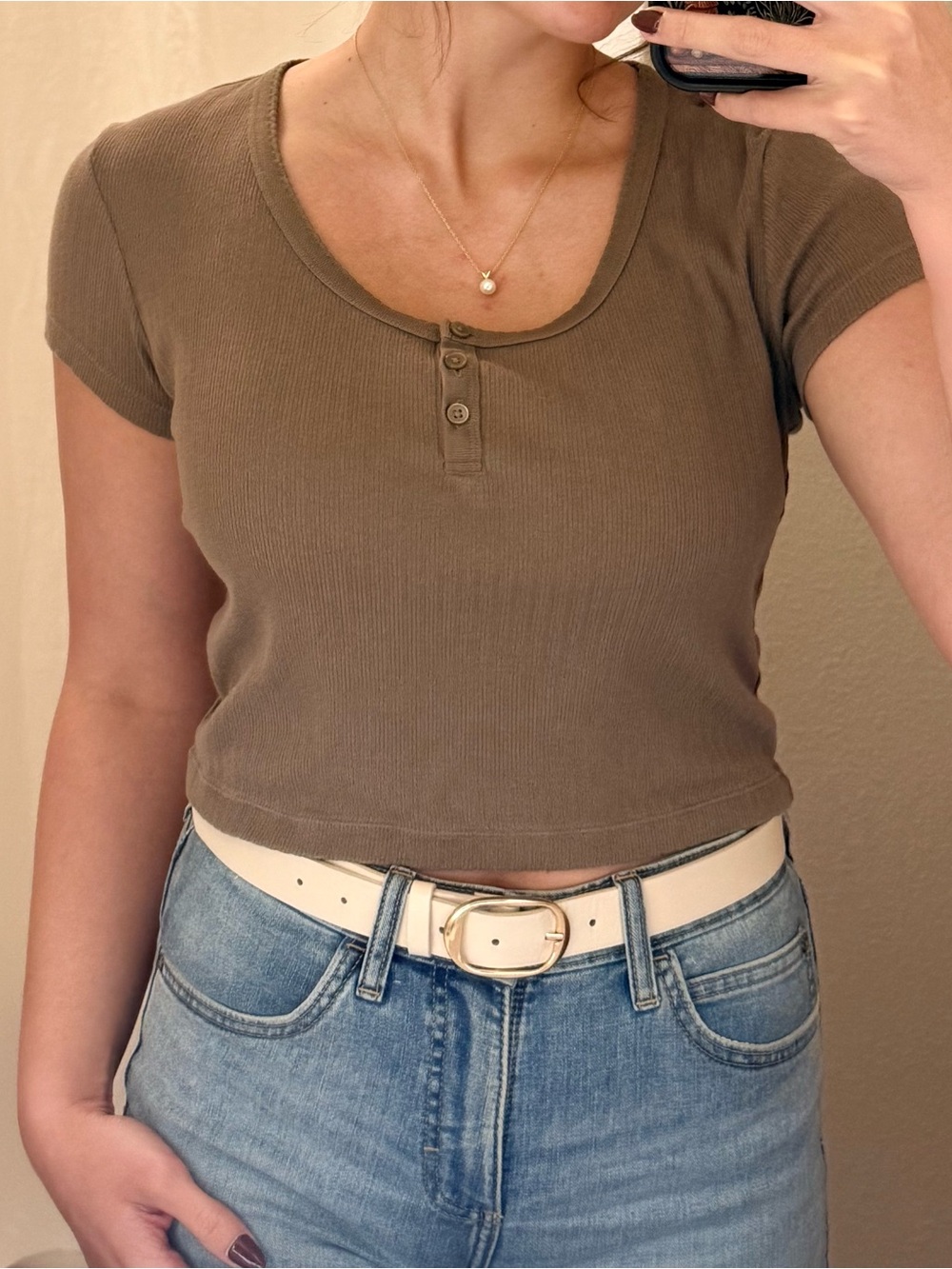 Uniqlo Brownish Green Ribbed Henley Crop Top